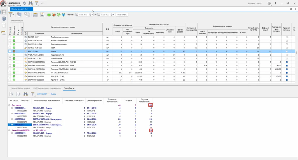 Модуль «Снабжение». Суммарное значение по номенклатуре